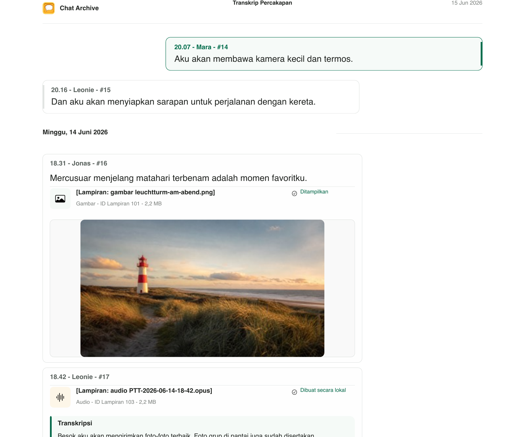 Percakapan dalam PDF dengan bagian tanggal, gelembung chat, pratinjau gambar, dan transkrip pesan suara