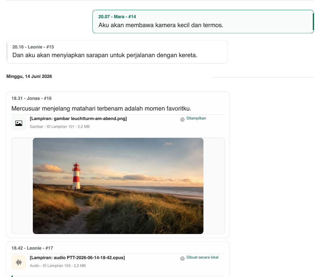 Detail PDF asli yang dibuat Chat Archive dari percakapan fiktif tentang perjalanan, dengan pesan dan foto mercusuar.