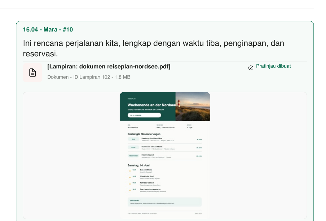 Pesan dalam PDF dengan lampiran reiseplan-nordsee.pdf dan halaman pertama dokumen asli yang dirender oleh aplikasi