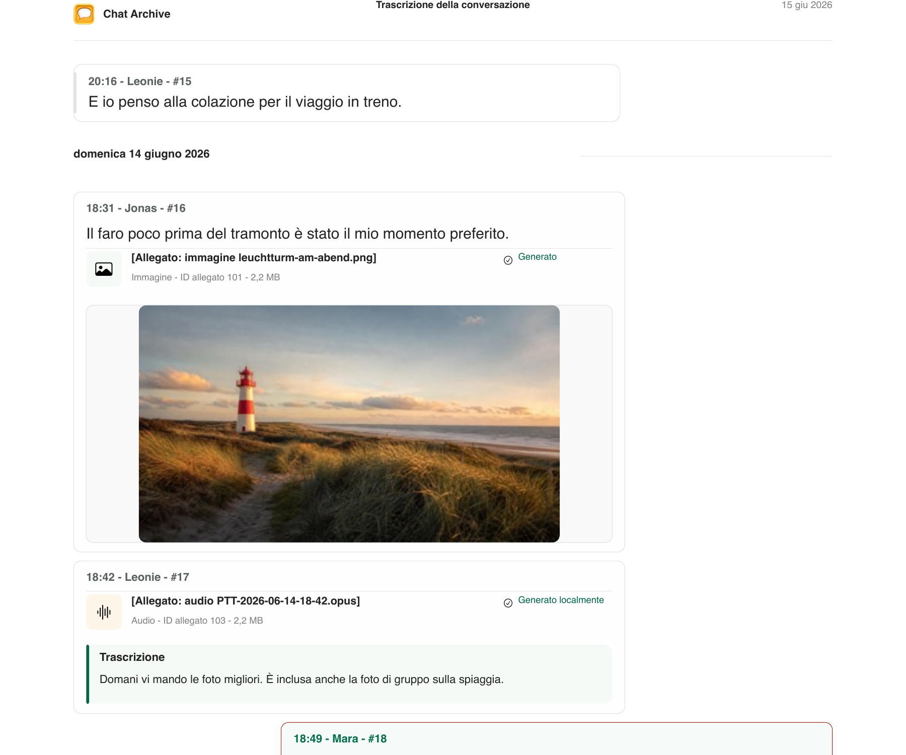 Conversazione in PDF con sezione della data, bolle dei messaggi, anteprima di un’immagine e trascrizione di un messaggio vocale