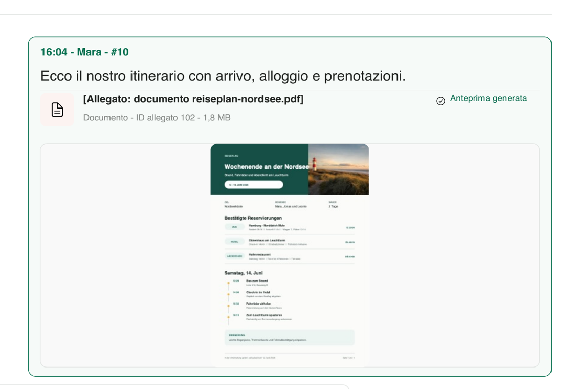 Messaggio in PDF con l’allegato reiseplan-nordsee.pdf e la prima pagina reale del documento renderizzata dall’app