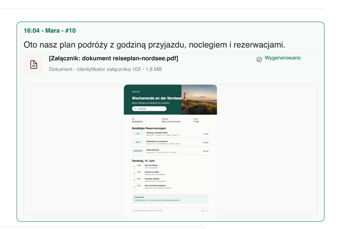 Polska wiadomość w PDF z załączonym dokumentem i podglądem jego rzeczywistej pierwszej strony utworzonym przez aplikację