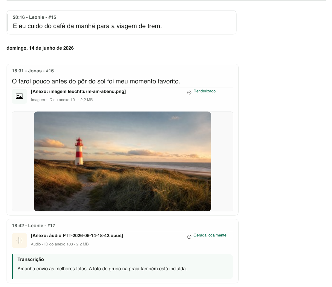 Detalhe de um PDF real gerado pelo Chat Archive a partir de uma conversa fictícia sobre uma viagem, com mensagem, foto de um farol e transcrição de áudio em português.