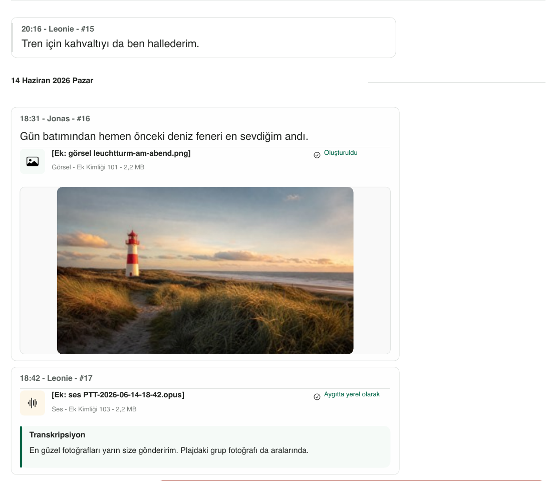 Chat Archive’ın bir seyahat hakkındaki kurgusal sohbetten oluşturduğu gerçek PDF’den ayrıntı: mesaj, deniz feneri fotoğrafı ve Türkçe sesli mesaj transkripsiyonu.